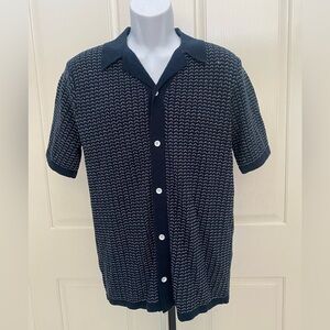 Elie Tahari Navy Patterned Knit Button Shirt Sz S